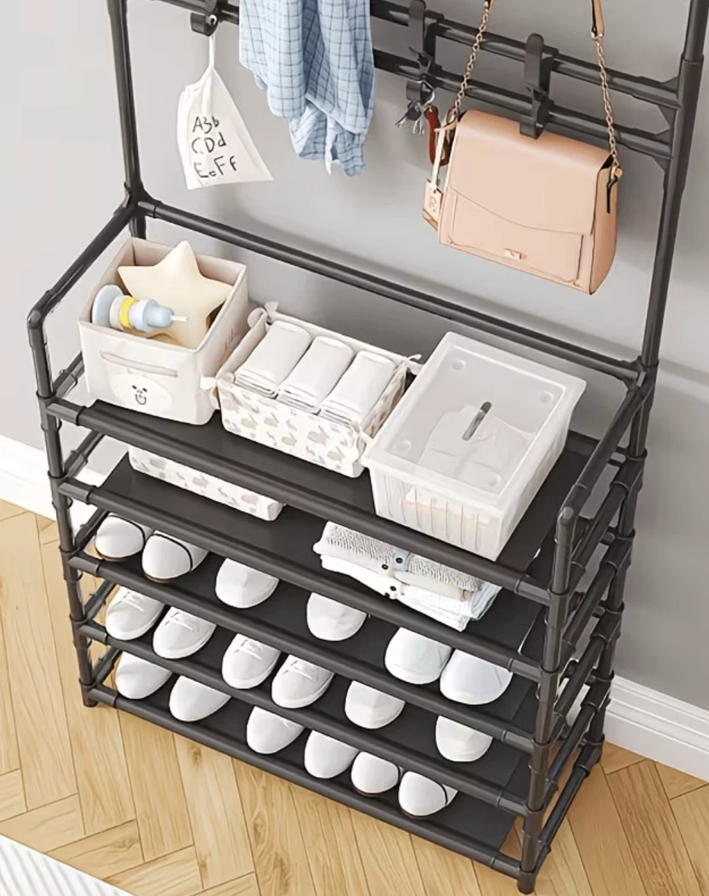 Metal Hall Tree Shoe Rack with Coat Hooks (Black or White) - photo 3