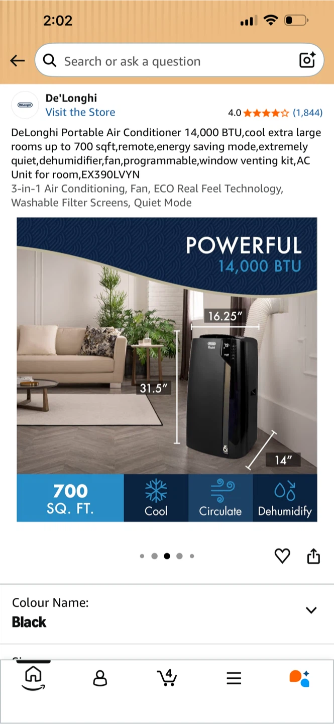 DeLonghi 14,000 BTU Portable Air Conditioner - Black
