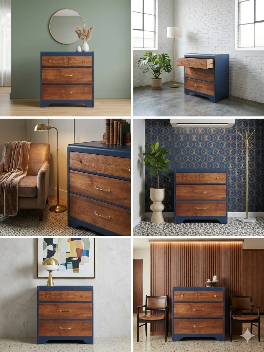 Navy Blue and Wood Dresser with 3 Drawers