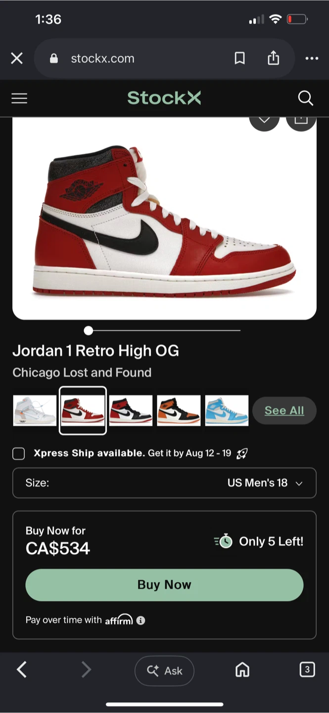 Nike Air Jordan 1 Retro High OG Chicago Lost and Found