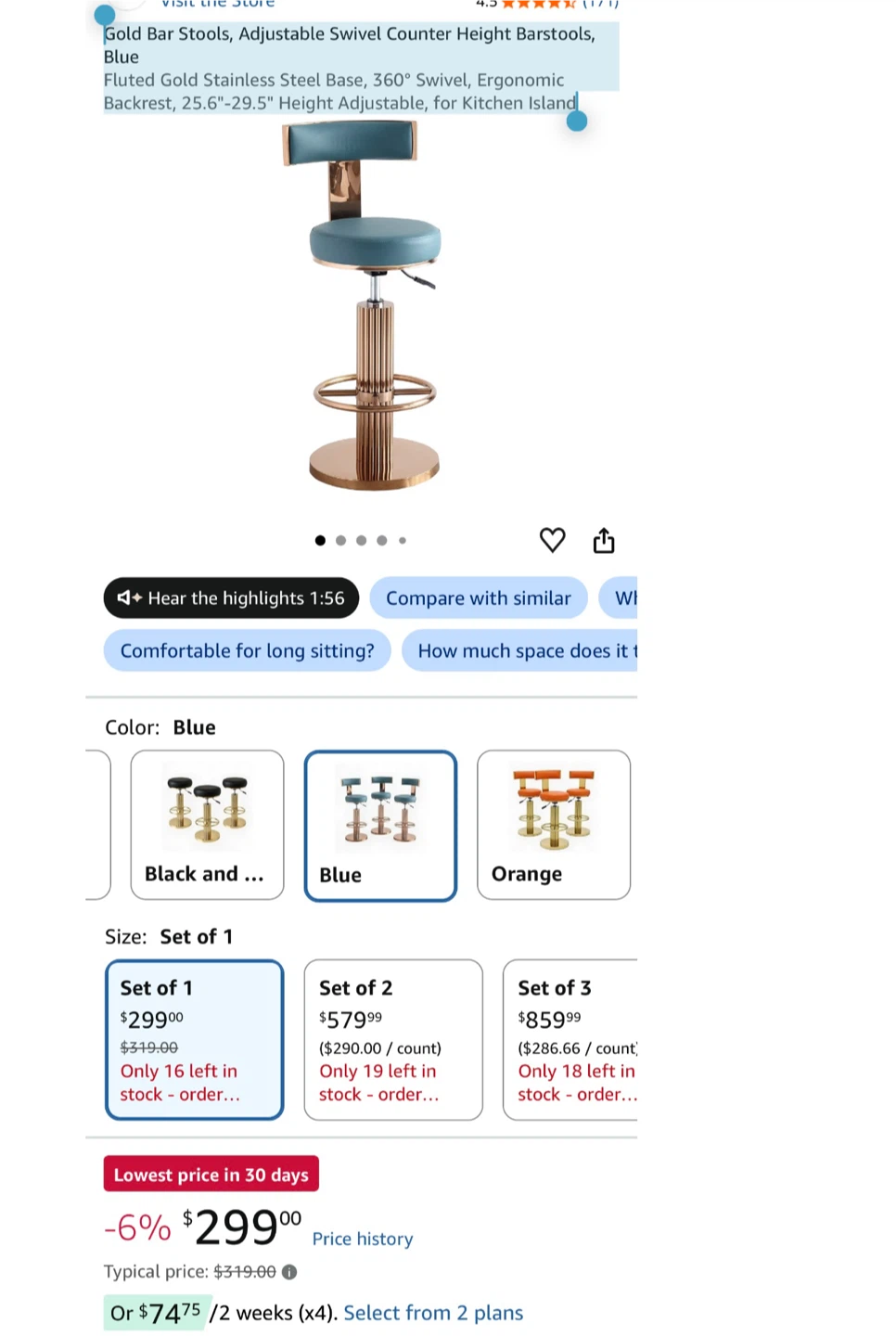 Adjustable Swivel Counter Height Bar Stools, Blue - photo 2