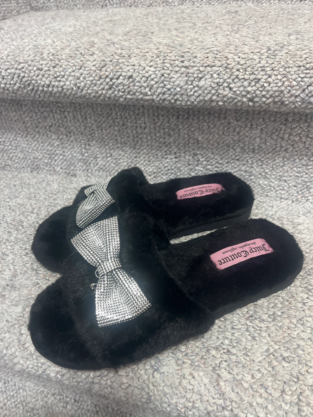Brand new Juicy  Faux Fur Slippers with Rhinestone Bows
