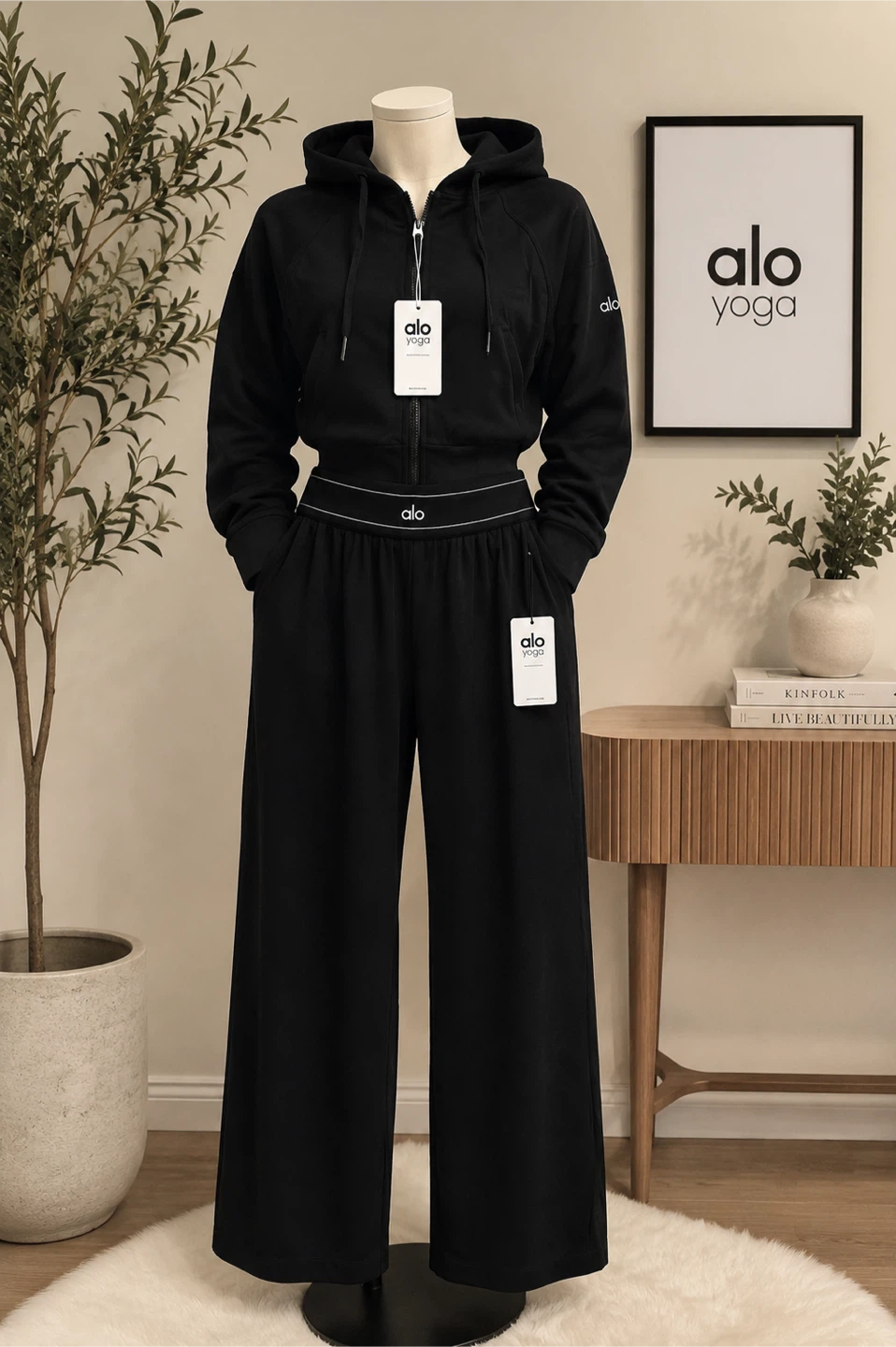 Alo Yoga Black Zip-Up Hoodie and Wide-Leg Pants Set