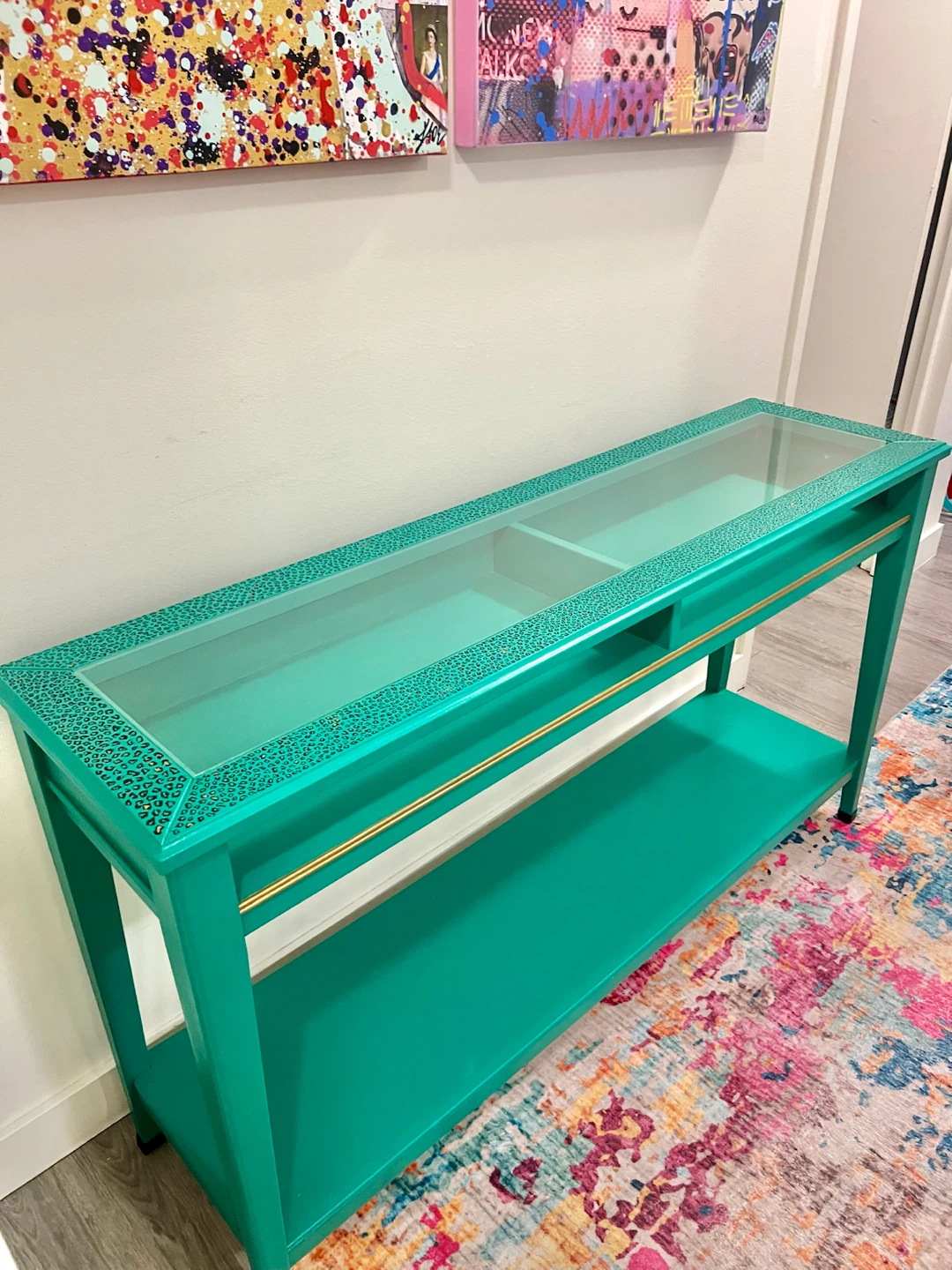 Teal Console Table with Glass Top