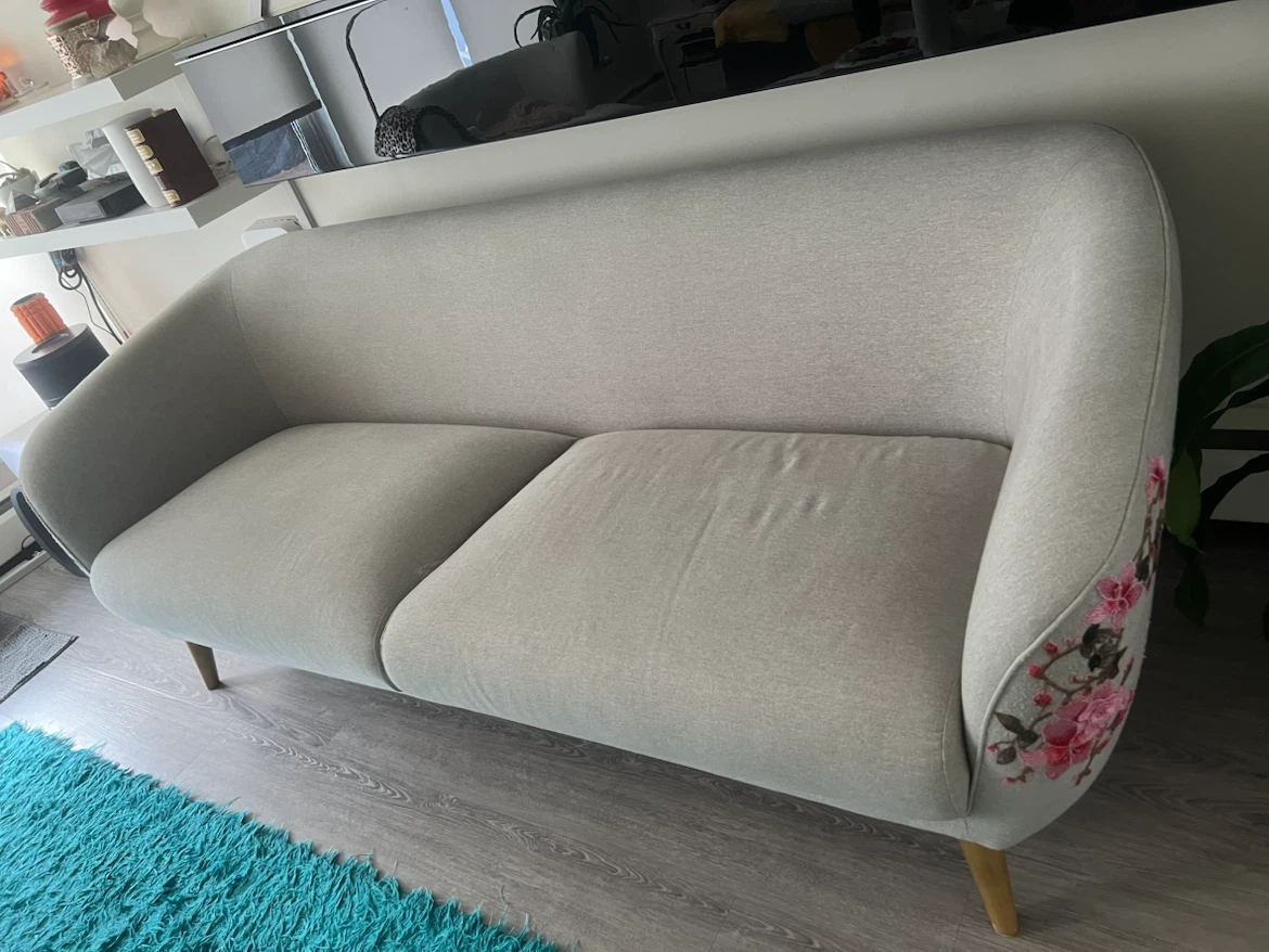 Light Grey Loveseat with Floral Embroidery