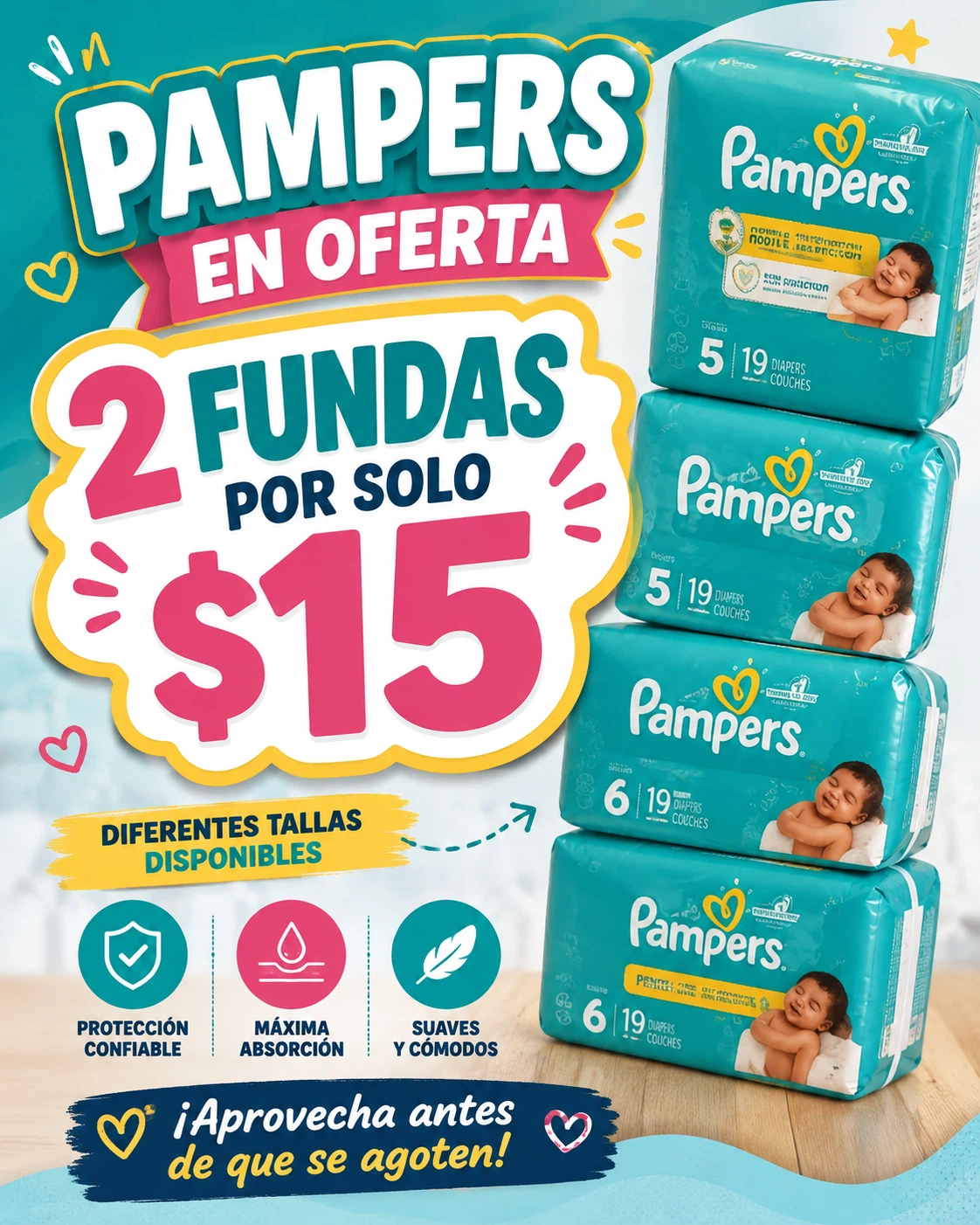 🔥 OFERTA EN PAMPERS 🔥  🧸 2 fundas por $15 💥