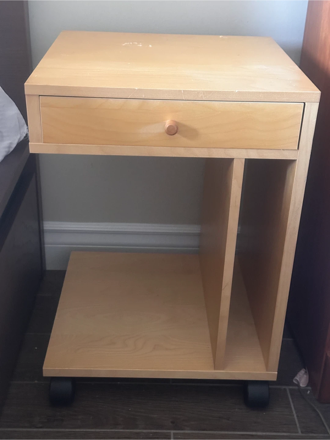 Light Wood Side Table with Drawer and Wheels
