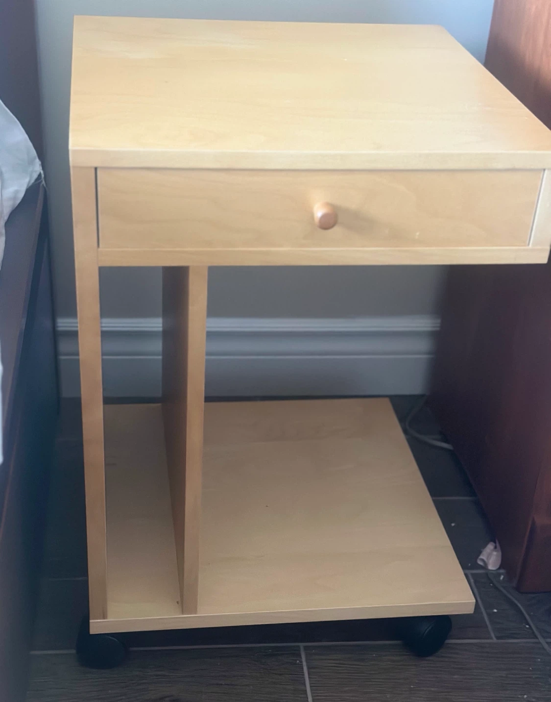 Light Wood Side Table with Drawer and Wheels - photo 2