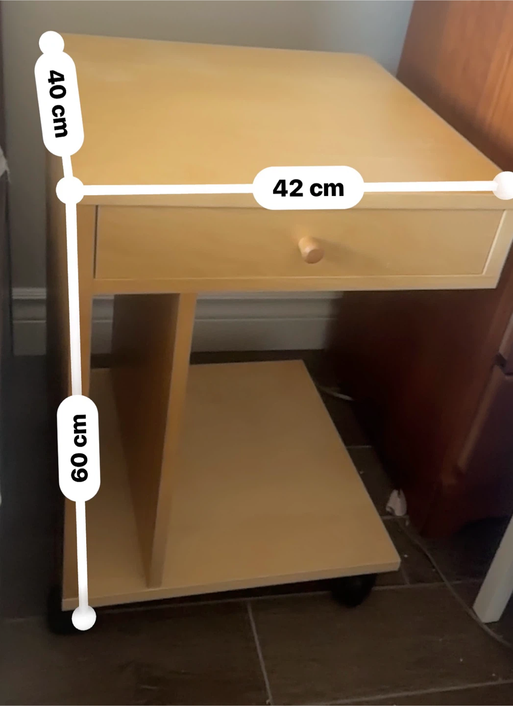 Light Wood Side Table with Drawer and Wheels - photo 3