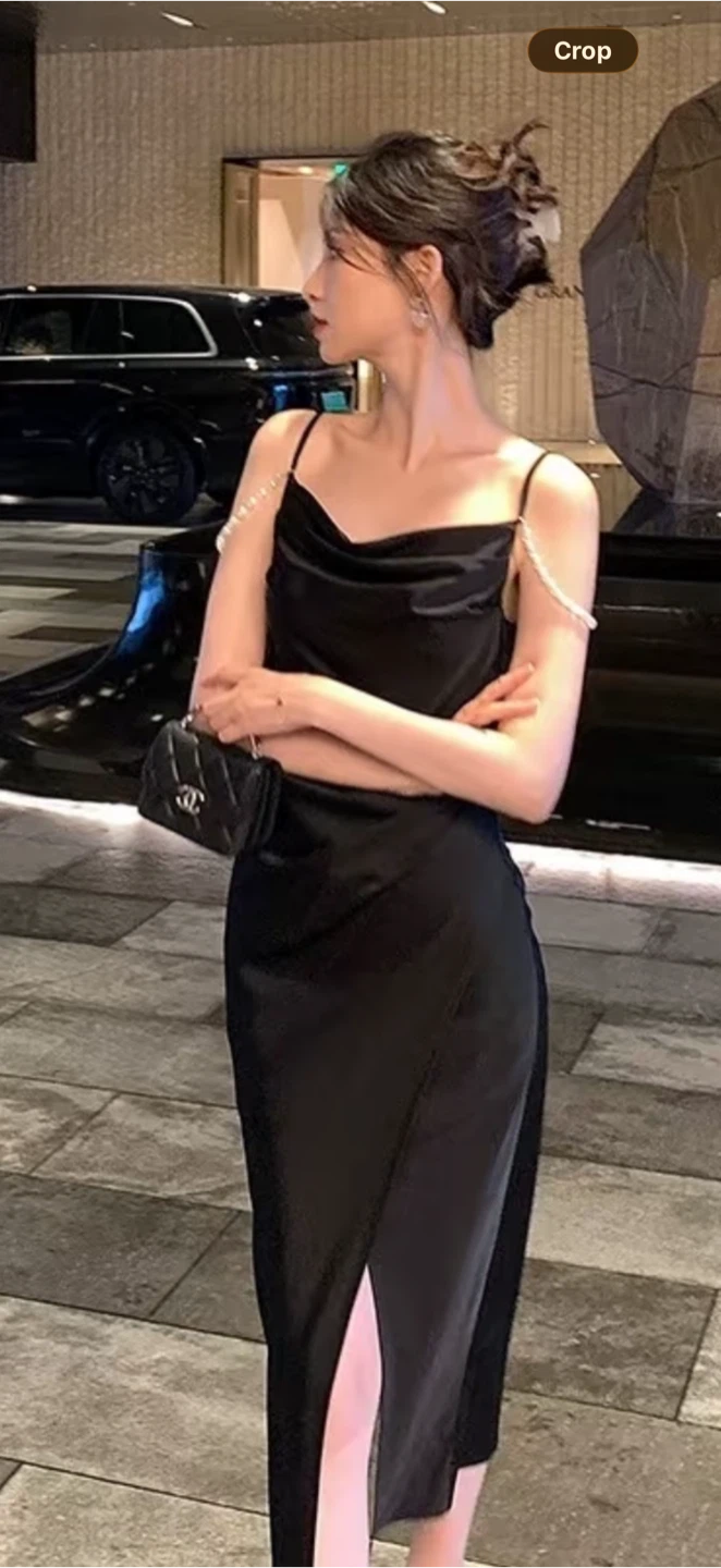 Black Slip Dress with Pearl Straps