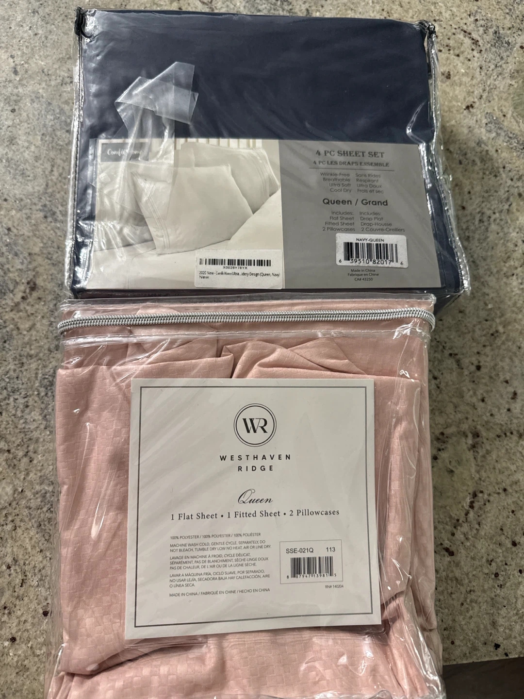 4 PC Queen Sheet Set - Navy & Pink -  Home