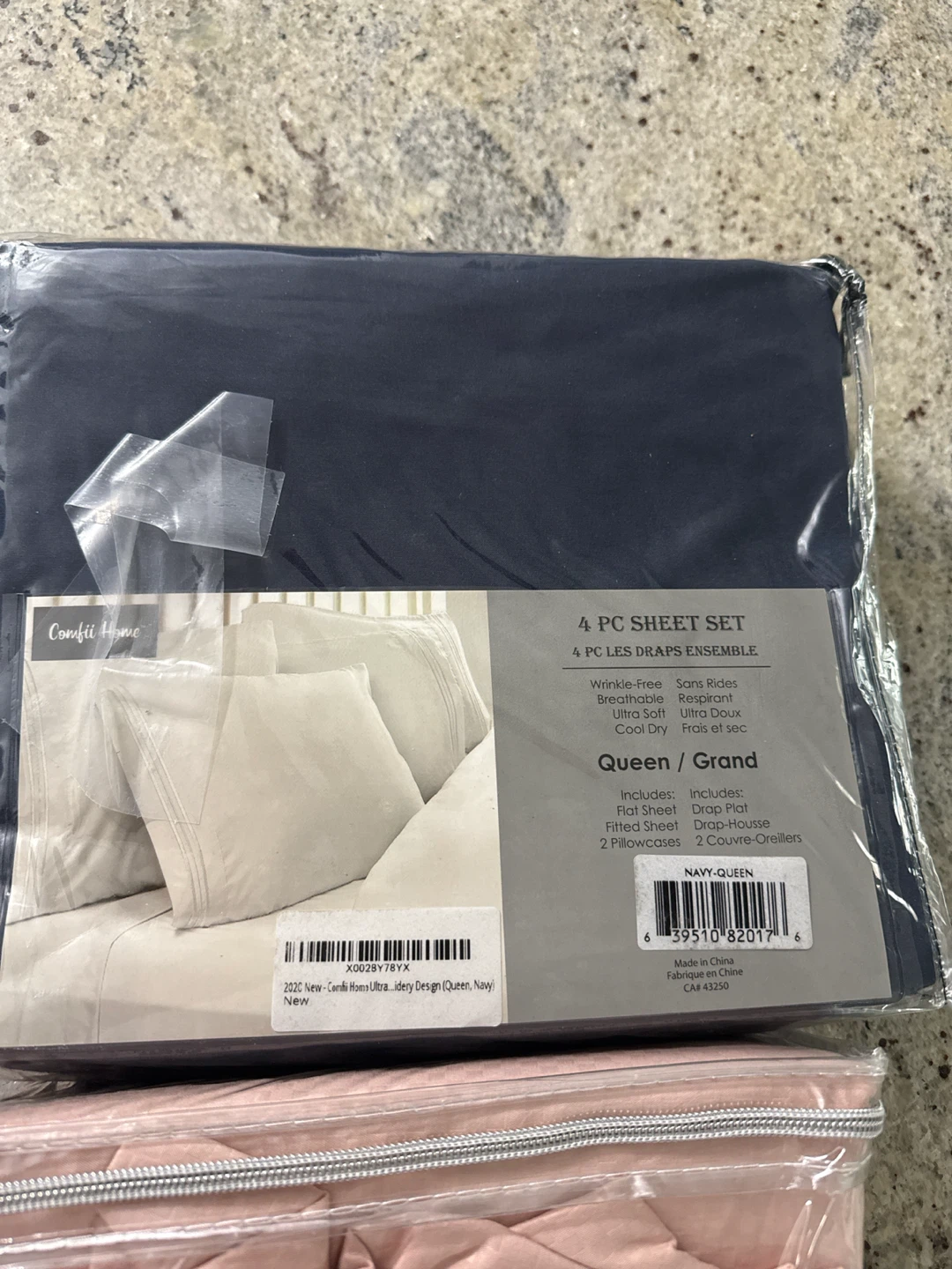 4 PC Queen Sheet Set - Navy & Pink -  Home - photo 2