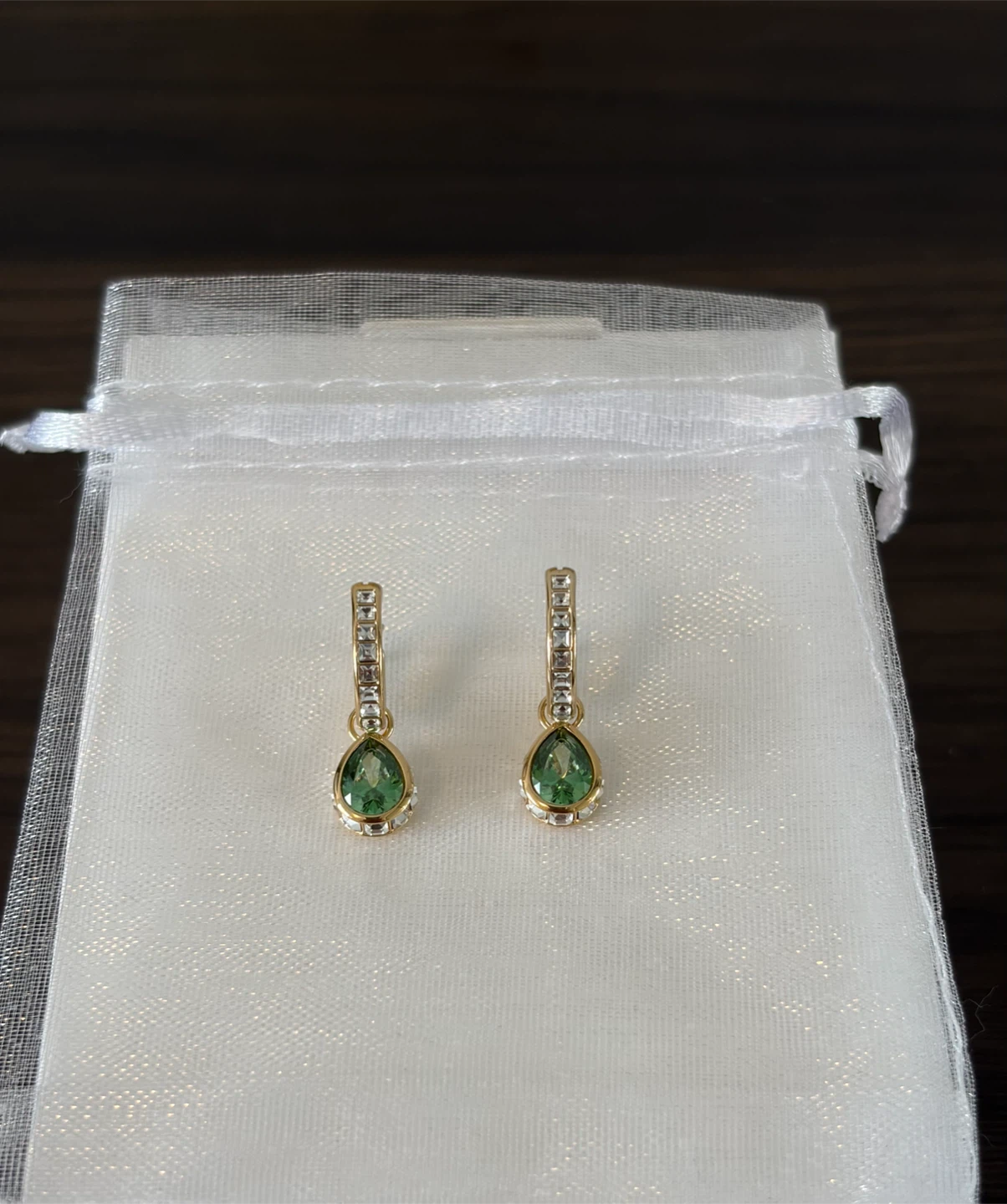 Swarovski Chroma Pear Drop Earrings Green Crystal Gold Tone