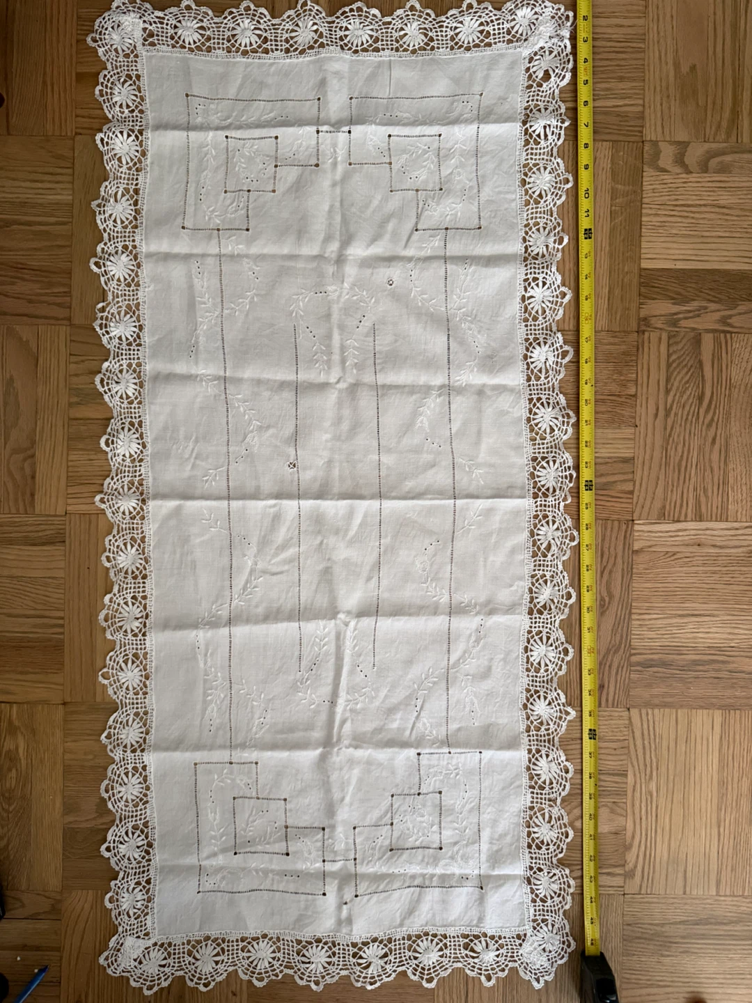 Brazilian Embroidered Table Runner with Lace Trim