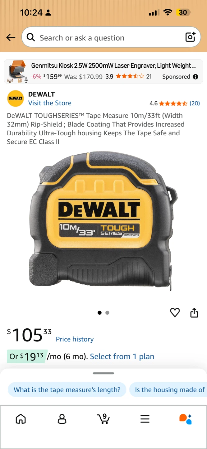 DEWALT TOUGHSERIES Tape Measure 10m/33ft