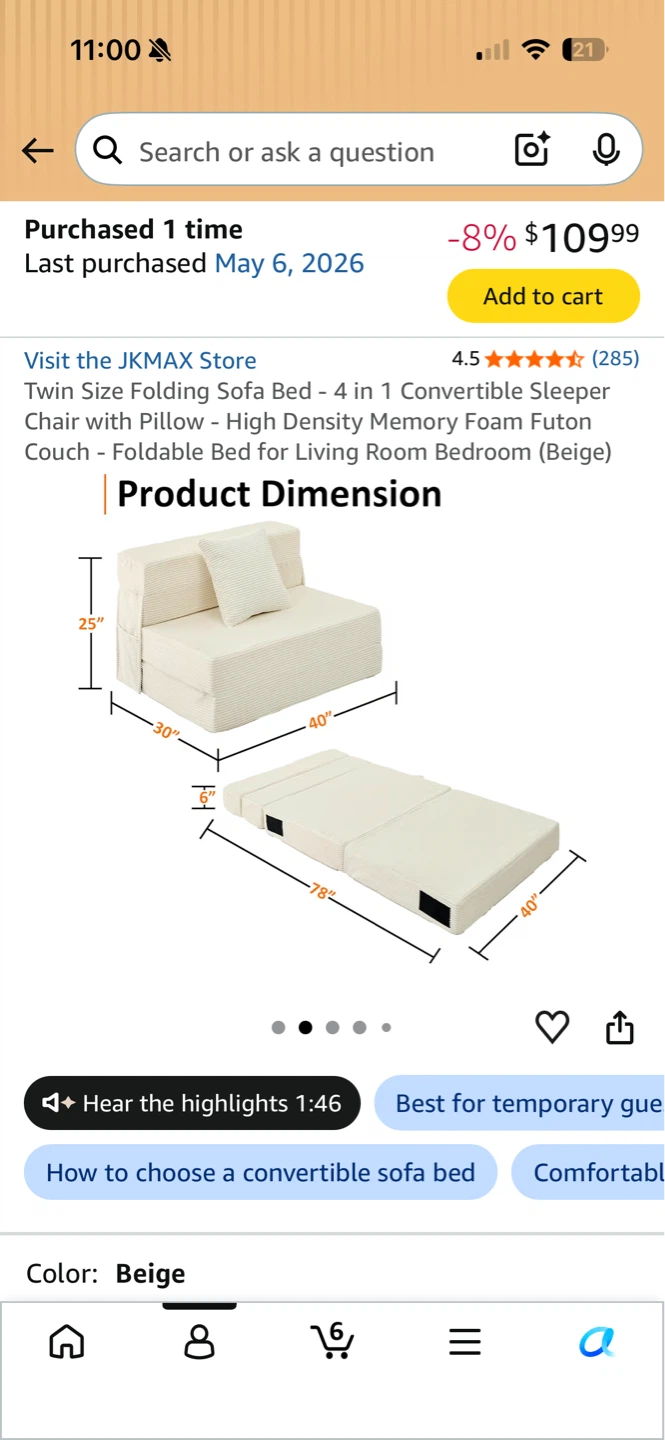 White Foldable Foam Sleeper Couch twin - photo 4