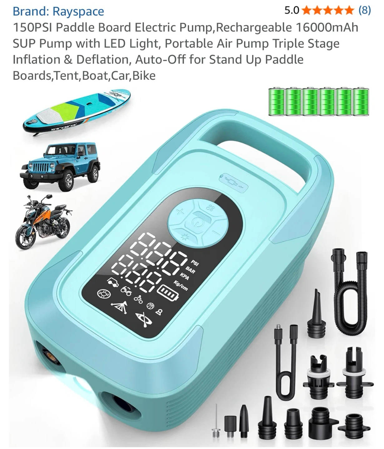 Rayspace 150PSI Paddle Board Electric Pump 16000mAh
