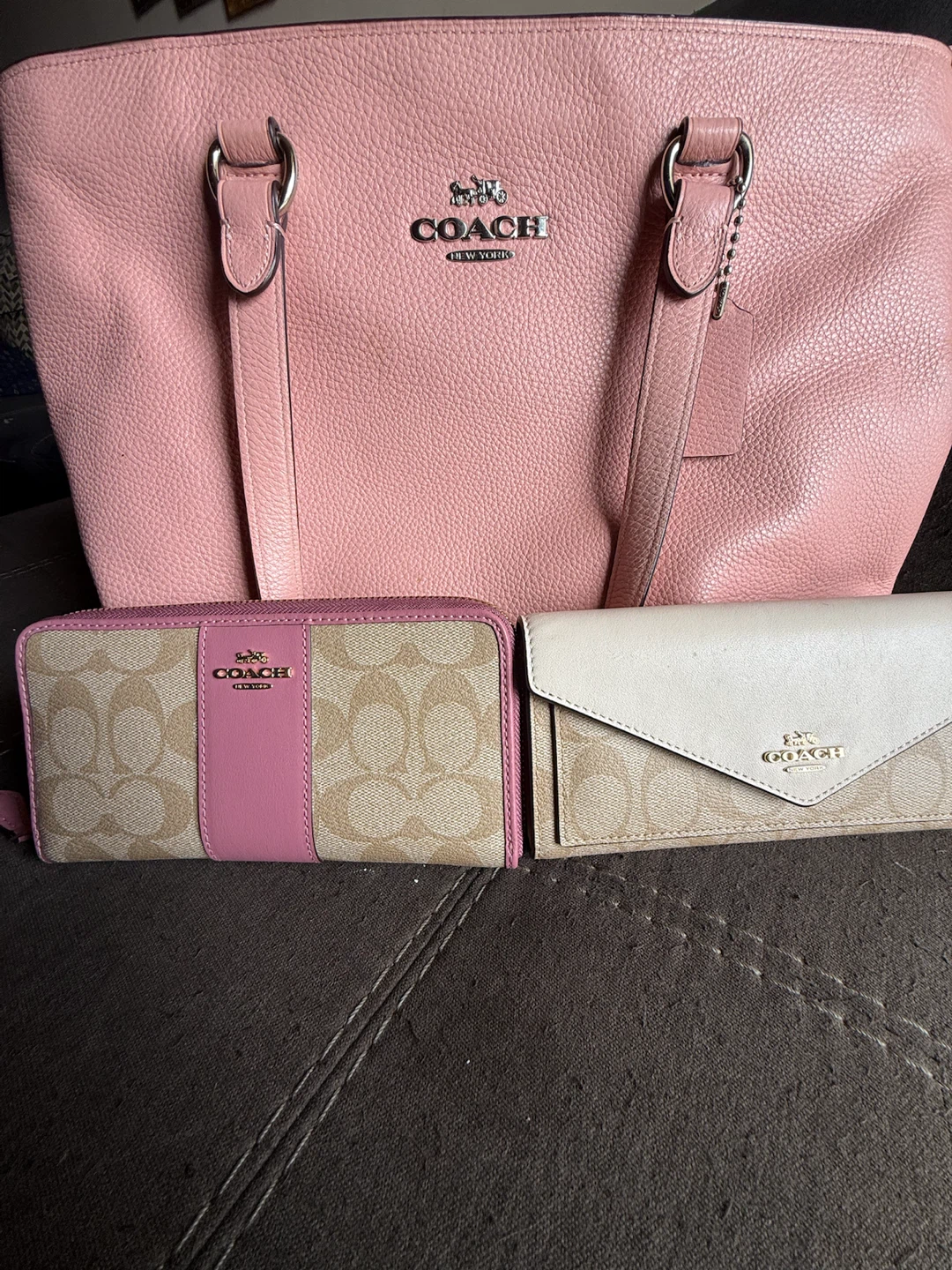 Coach Pink Leather Tote Bag + 2 coach Wallets