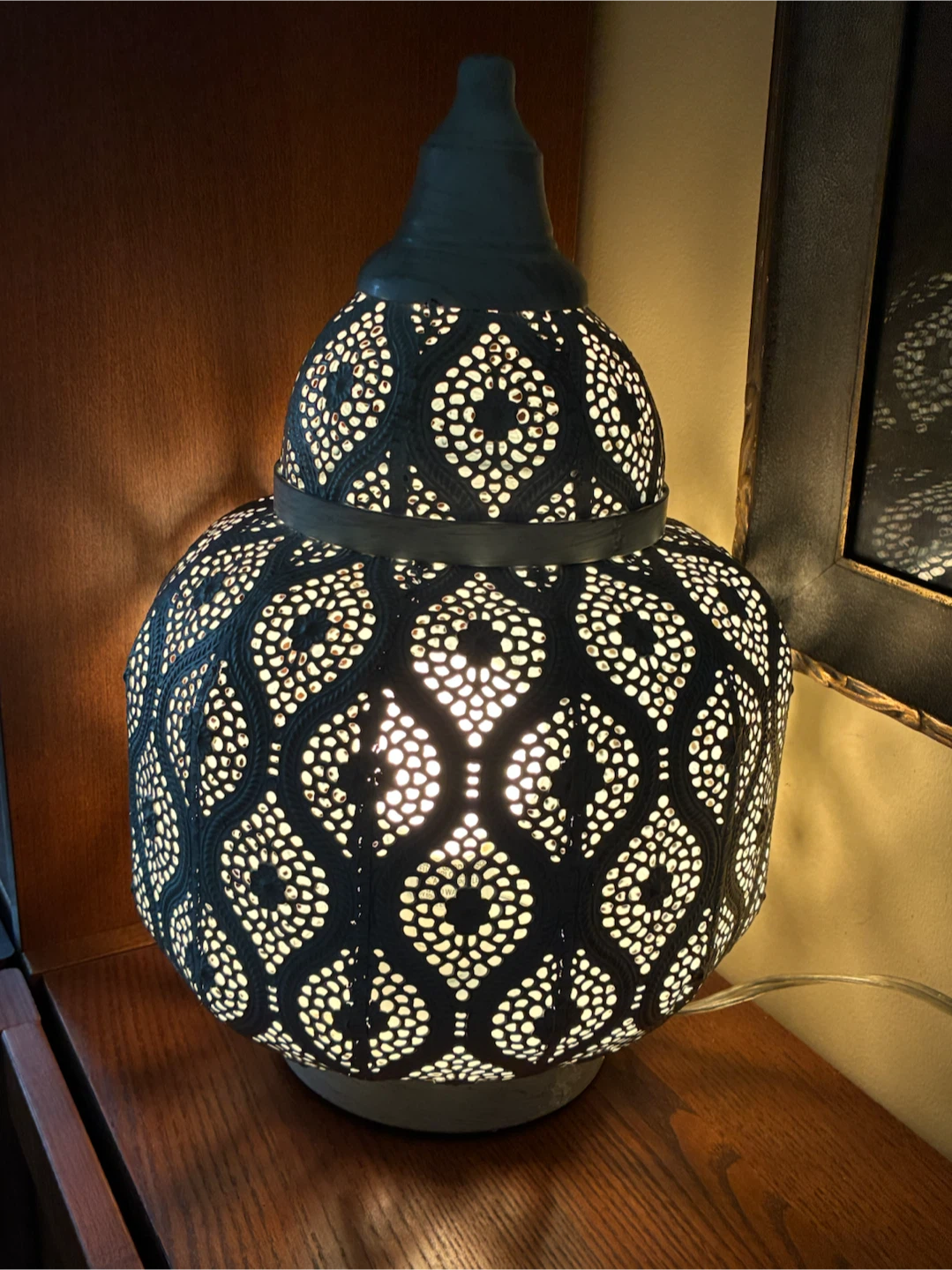 Moroccan Boho Pierced Metal Table Lamp Lantern 16”