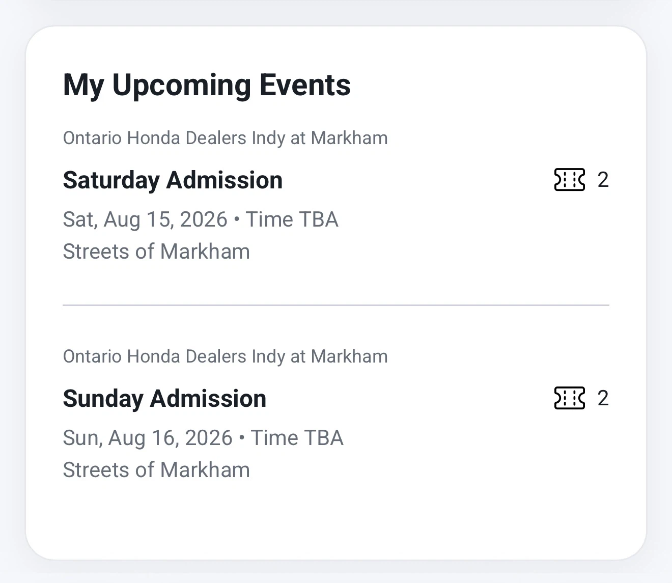 Markham Indy “silver” grandstand tickets