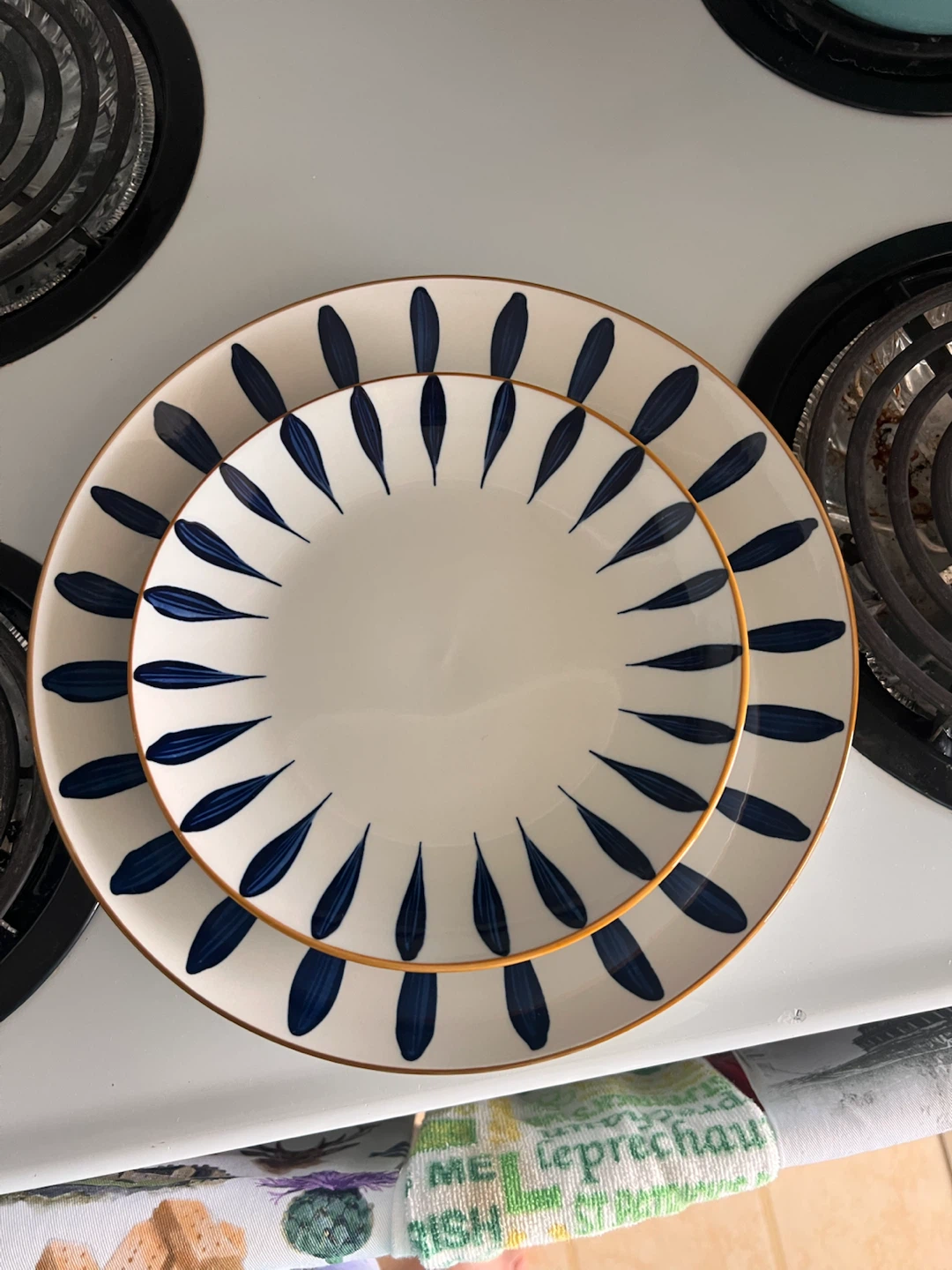 Blue Leaf Pattern Plates with Gold Rim Set