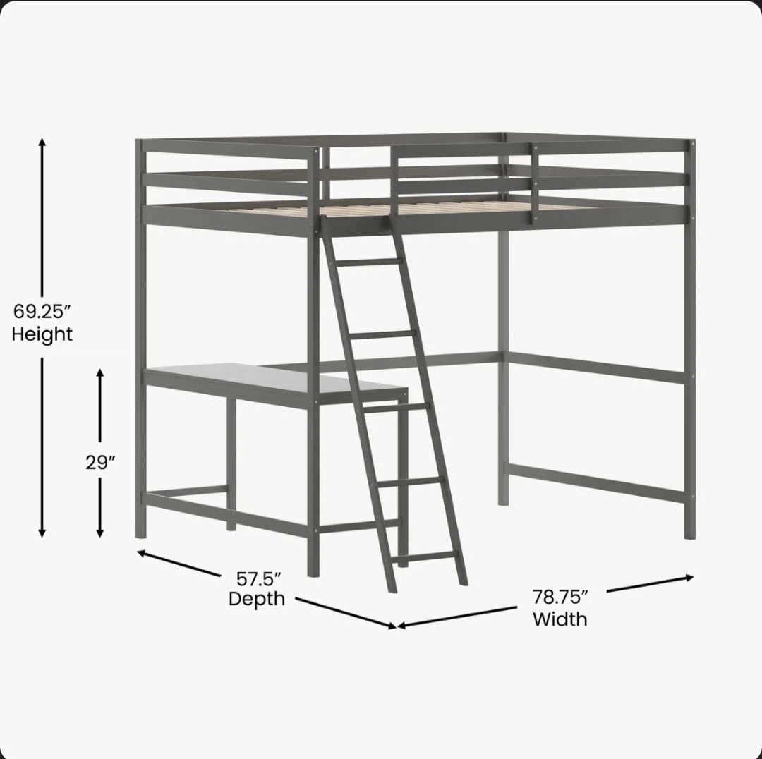 Grey Loft Bed with Desk