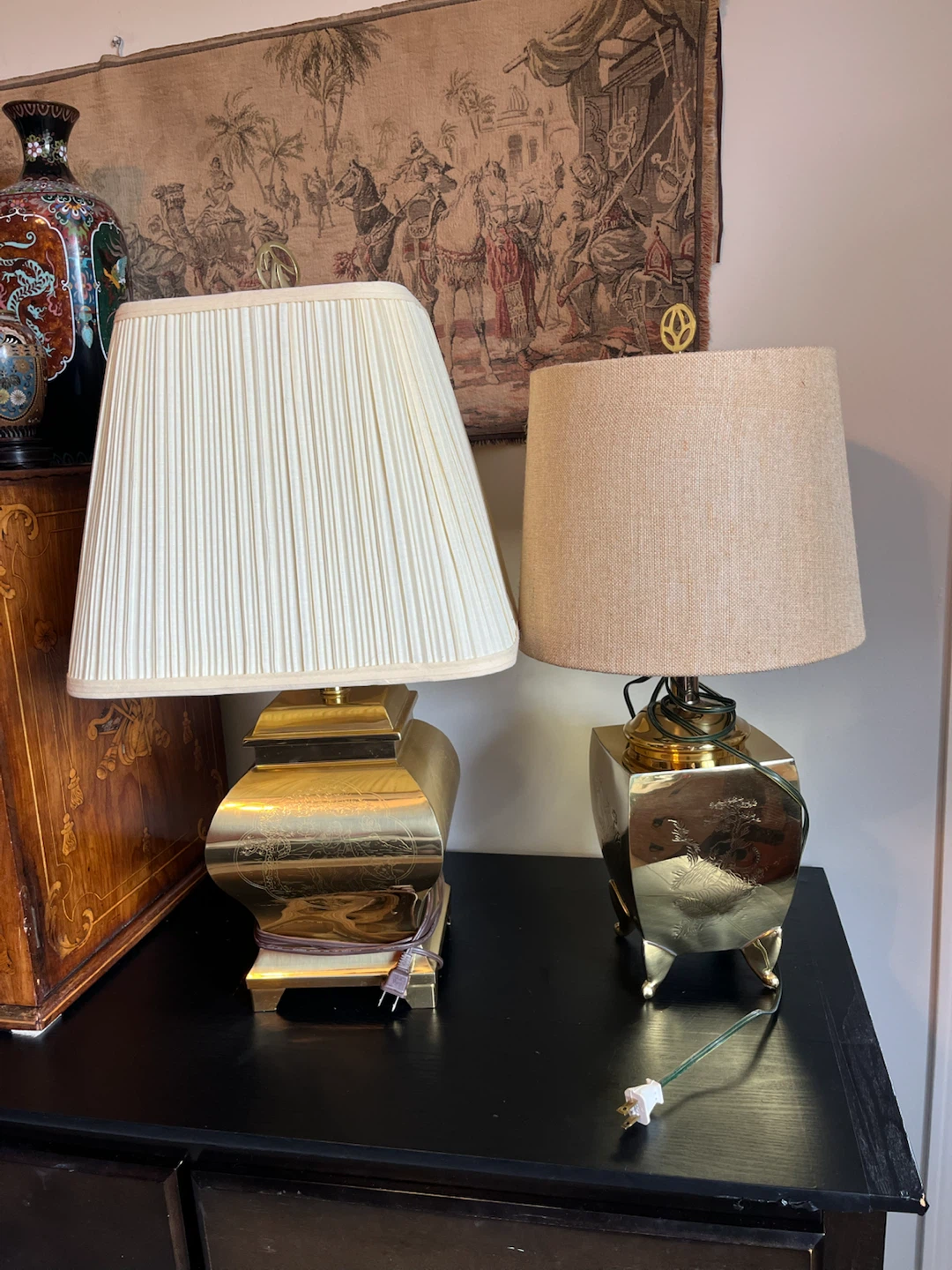 Brass Table Lamps with Engraved Details - Pair
