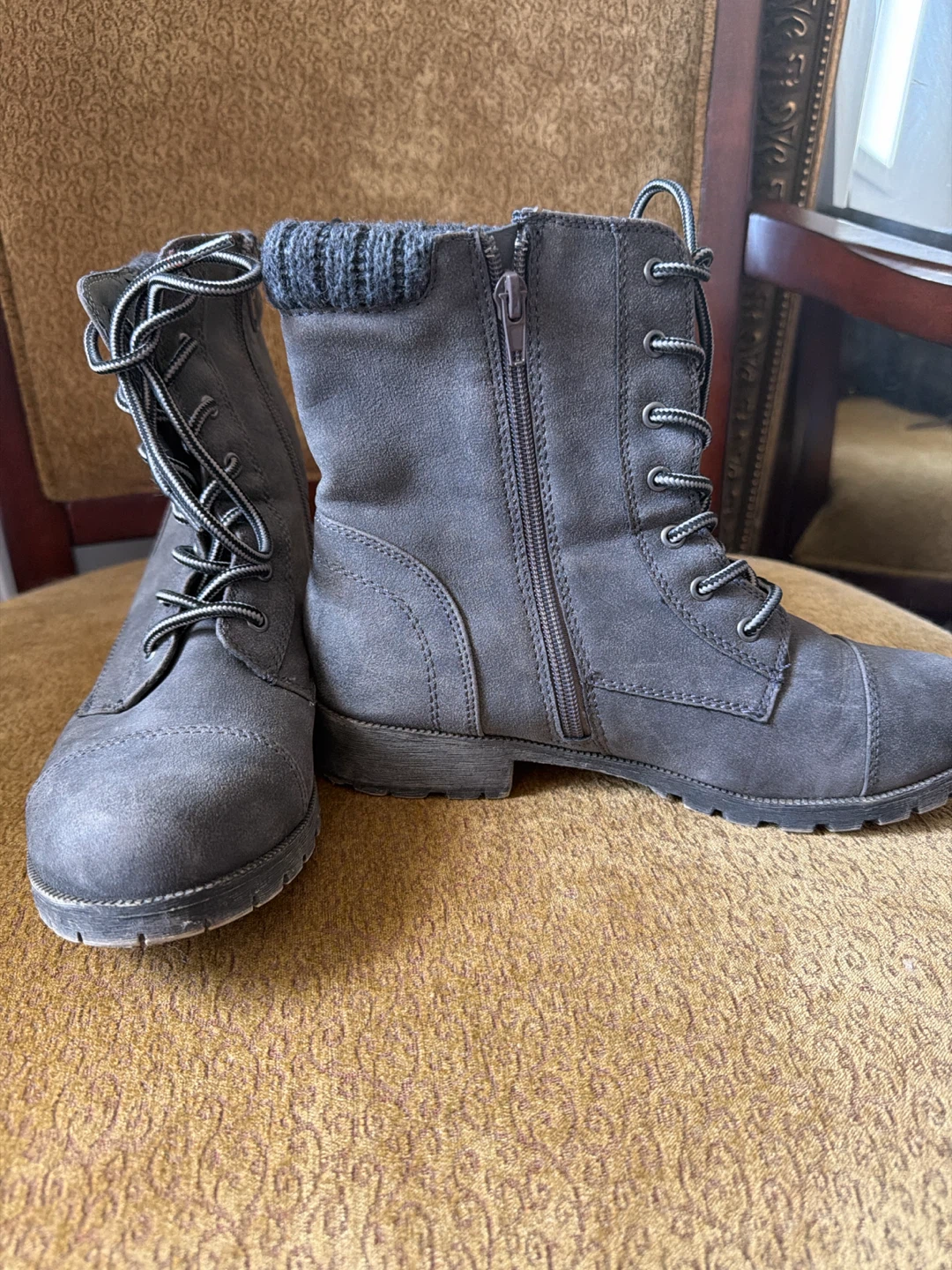 Women's Grey Combat Boots with Knit Collar