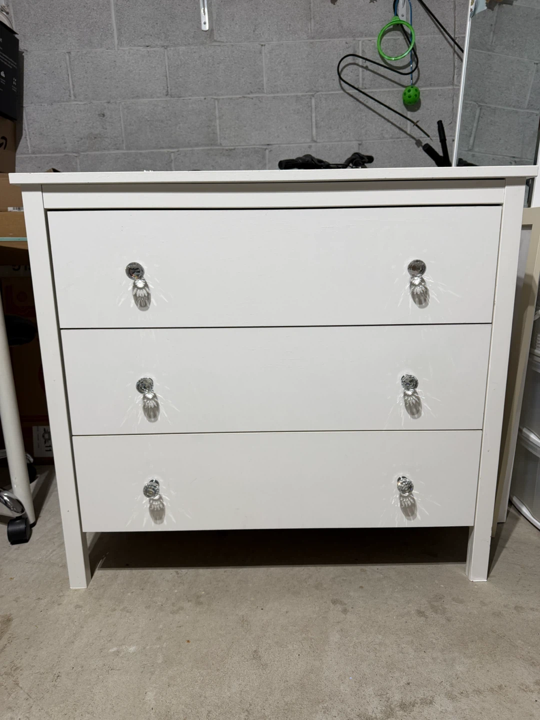 White 3-Drawer Dresser with Crystal Knobs