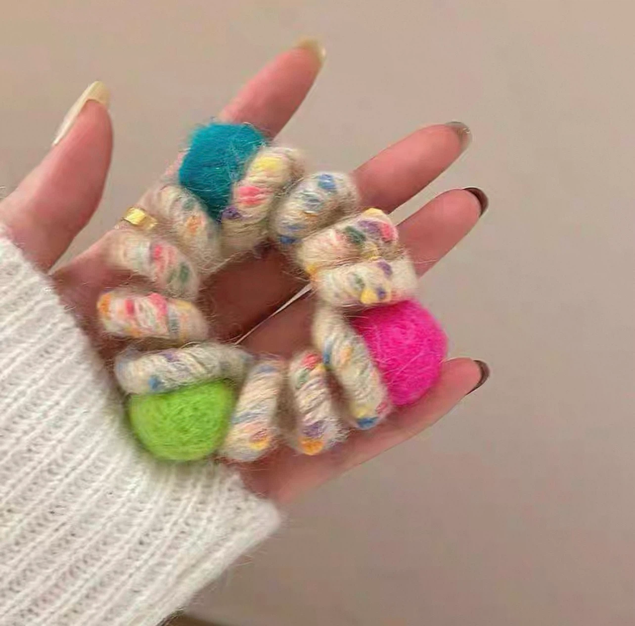 🆕Felt Ball Wool Hair Scrunchies Set 🧶✨