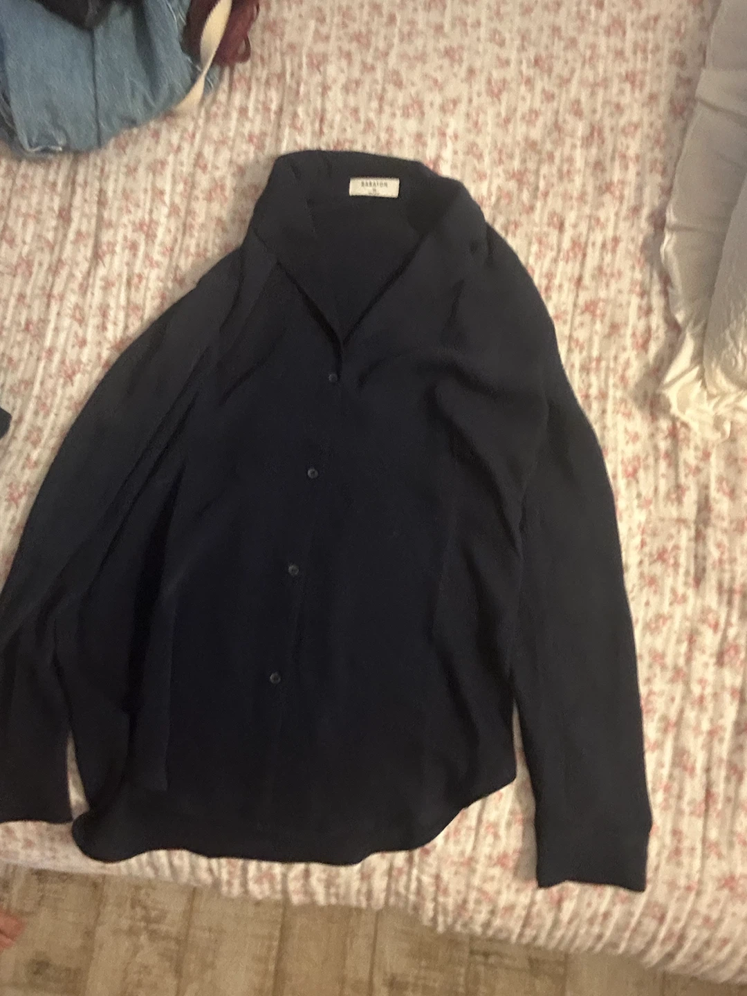 Babaton Navy Blue Long Sleeve Button-Up Shirt