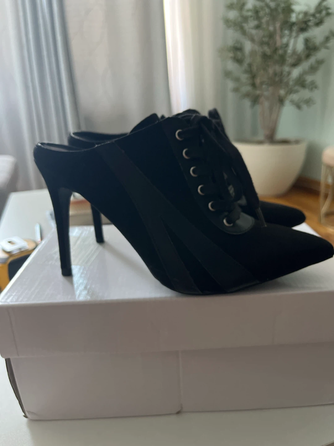 Wild Diva Black Suede Lace-up Mule Heels