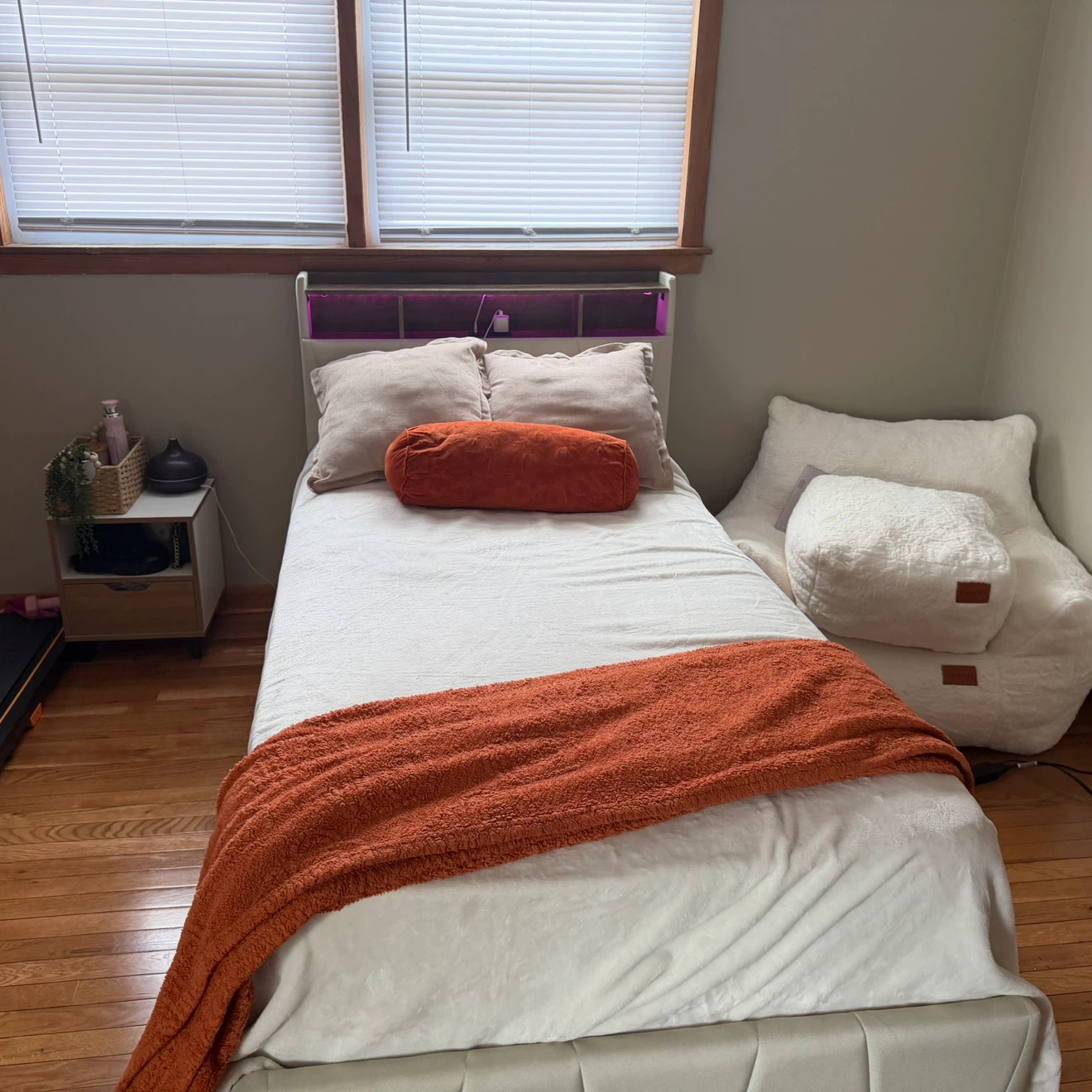 Twin bed with mattress and has 2 drawers with LED lights