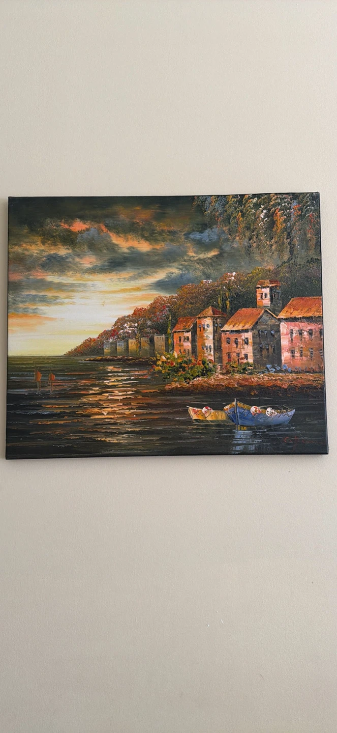 Oil Painting of Coastal Village Scene