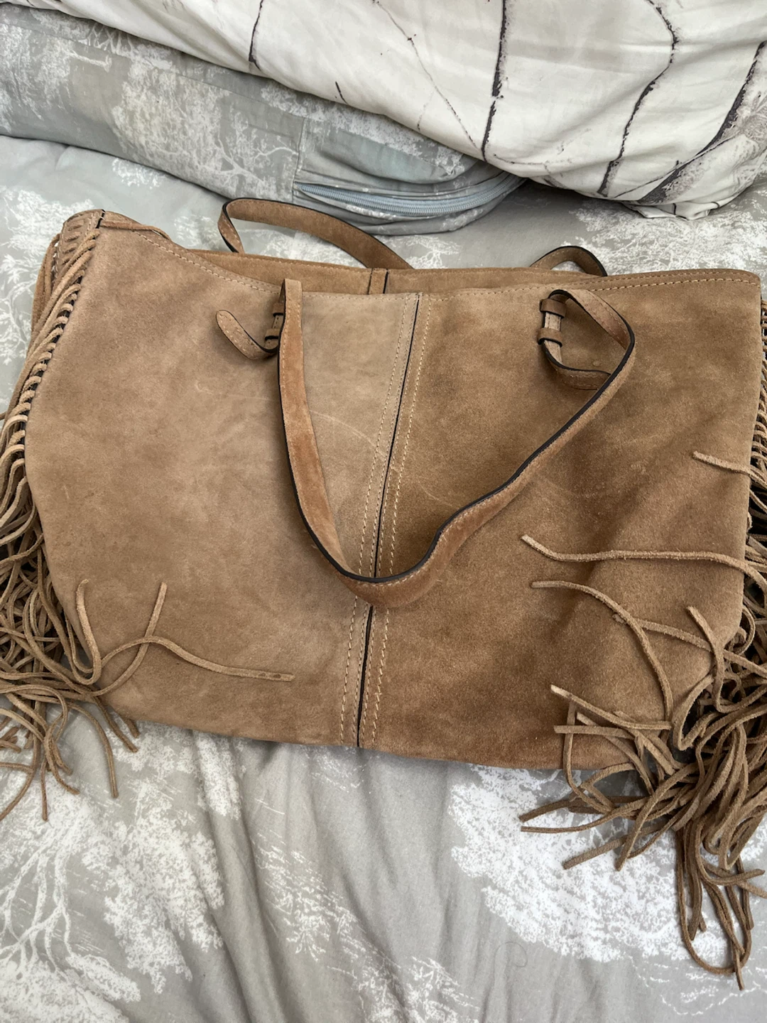 Brown Suede Fringe Tote Bag
