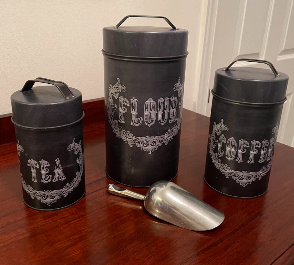 Set of 4 Black Kitchen Canisters - Coffee, Tea, Flour, Sugar - photo 2