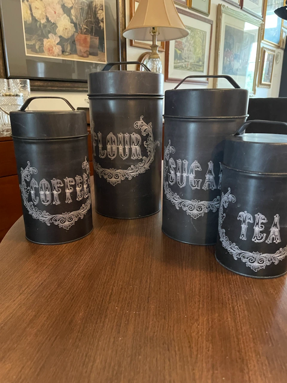 Set of 4 Black Kitchen Canisters - Coffee, Tea, Flour, Sugar