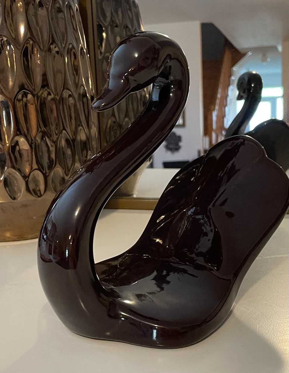 Vintage Glossy Brown Ceramic Swan Figurine