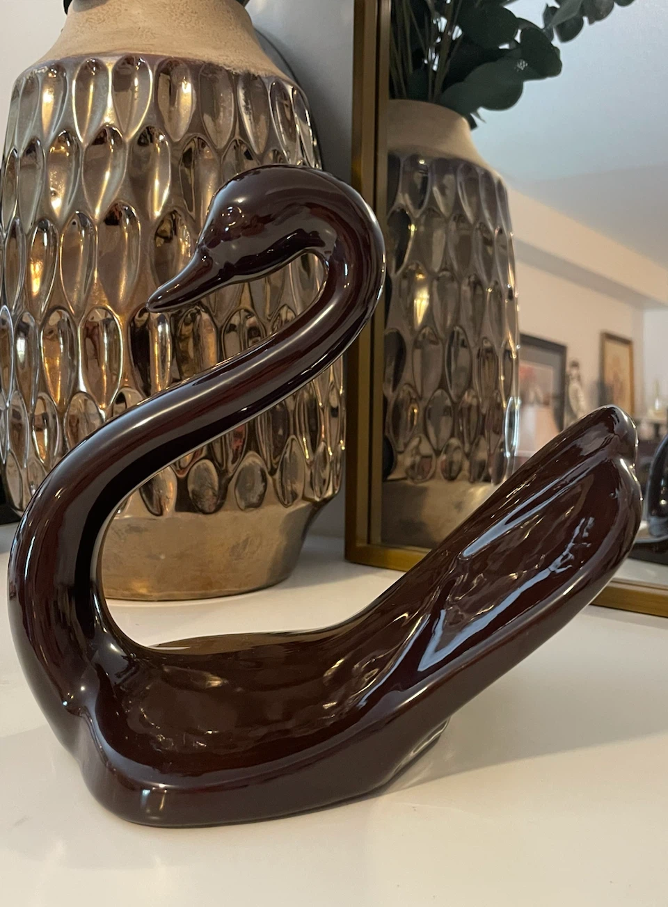 Vintage Glossy Brown Ceramic Swan Figurine - photo 2