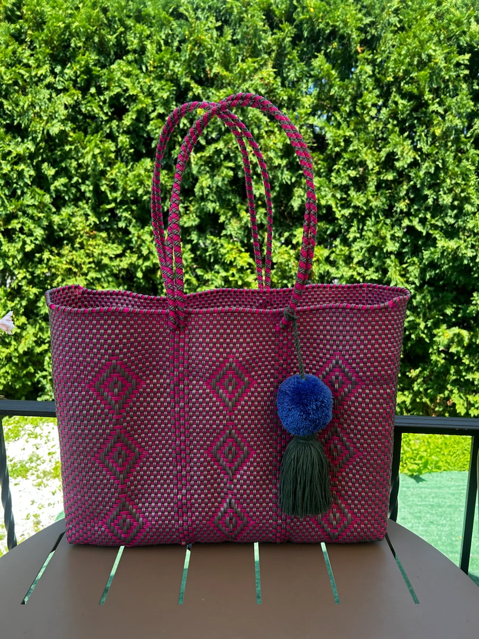 Magenta Silver Mexican Recycled Plastic Tote with Pom Pom