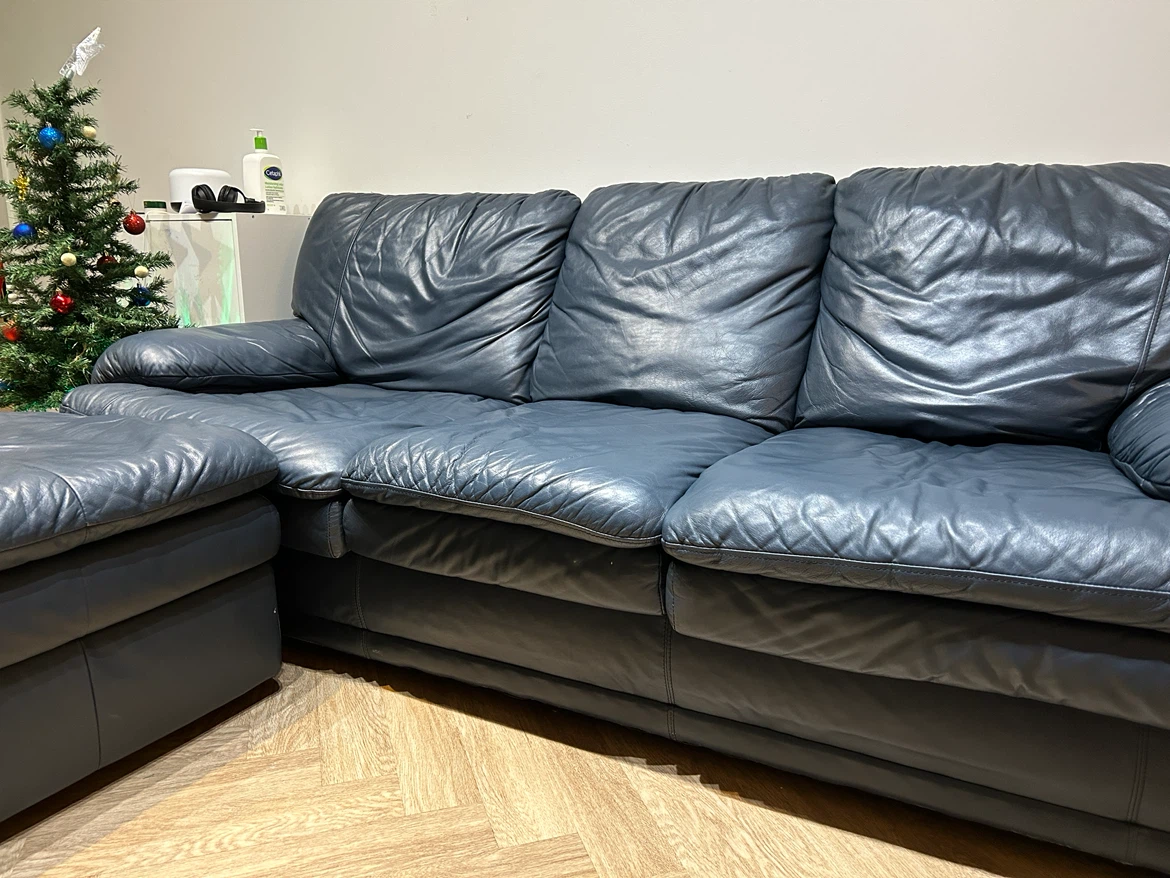 Dark Blue Leather Sectional Sofa with Ottoman