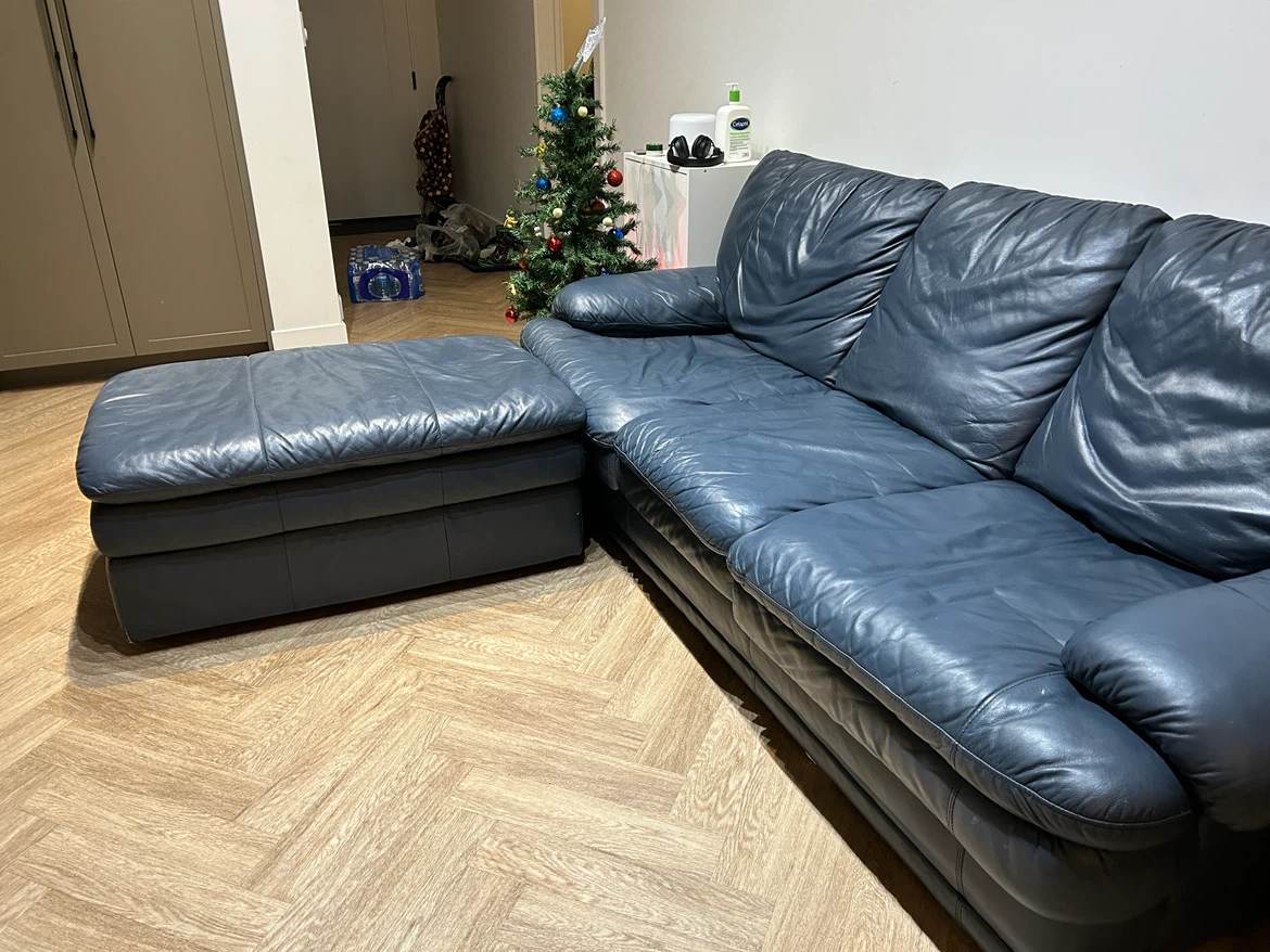 Dark Blue Leather Sectional Sofa with Ottoman - photo 2