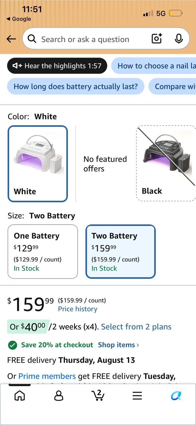 White UV LED Nail Lamp with Two Batteries