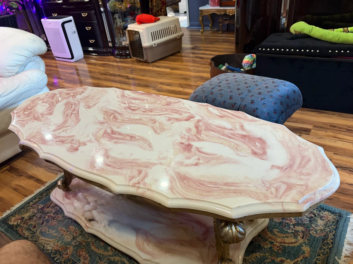Vintage Rococo-Style Pink & Cream Marbleized Coffee Table