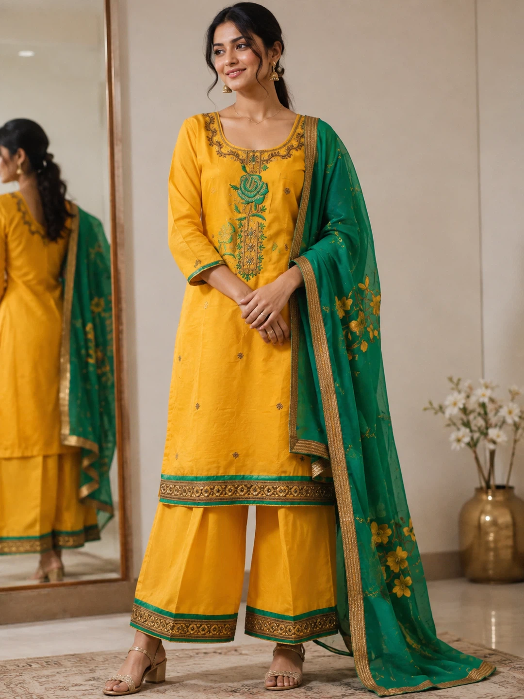 Yellow Kurti with Pants and Dupatta