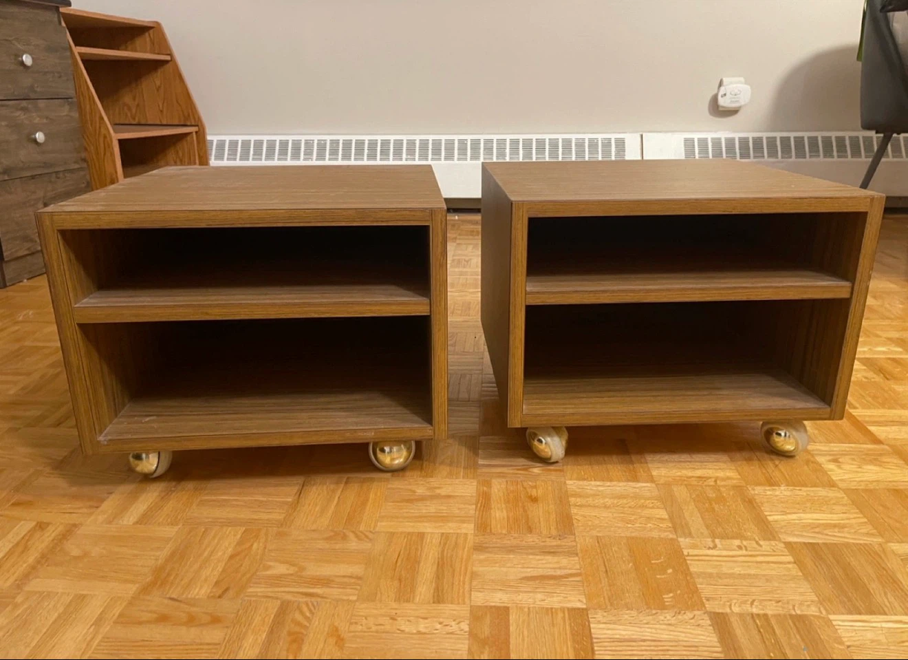 Set of 2 Wood Grain Side Tables with Wheels