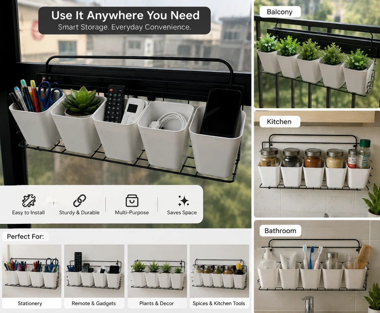 White Wall-Mounted Organizer Shelf with 5 Buckets