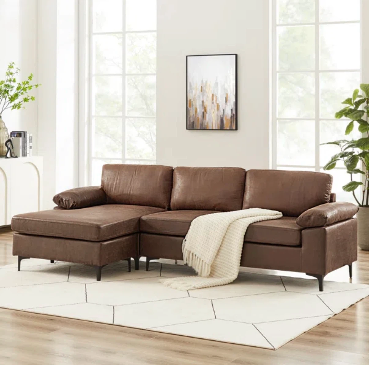 Brown Faux Leather Sectional Sofa