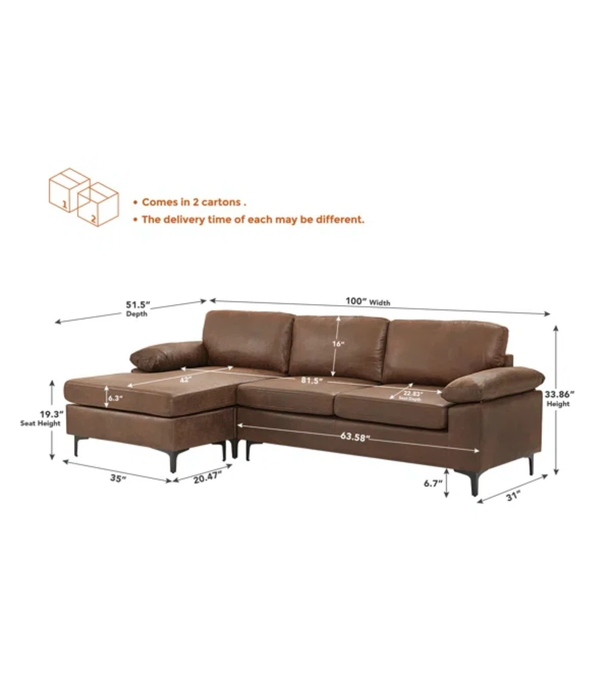 Brown Faux Leather Sectional Sofa - photo 2
