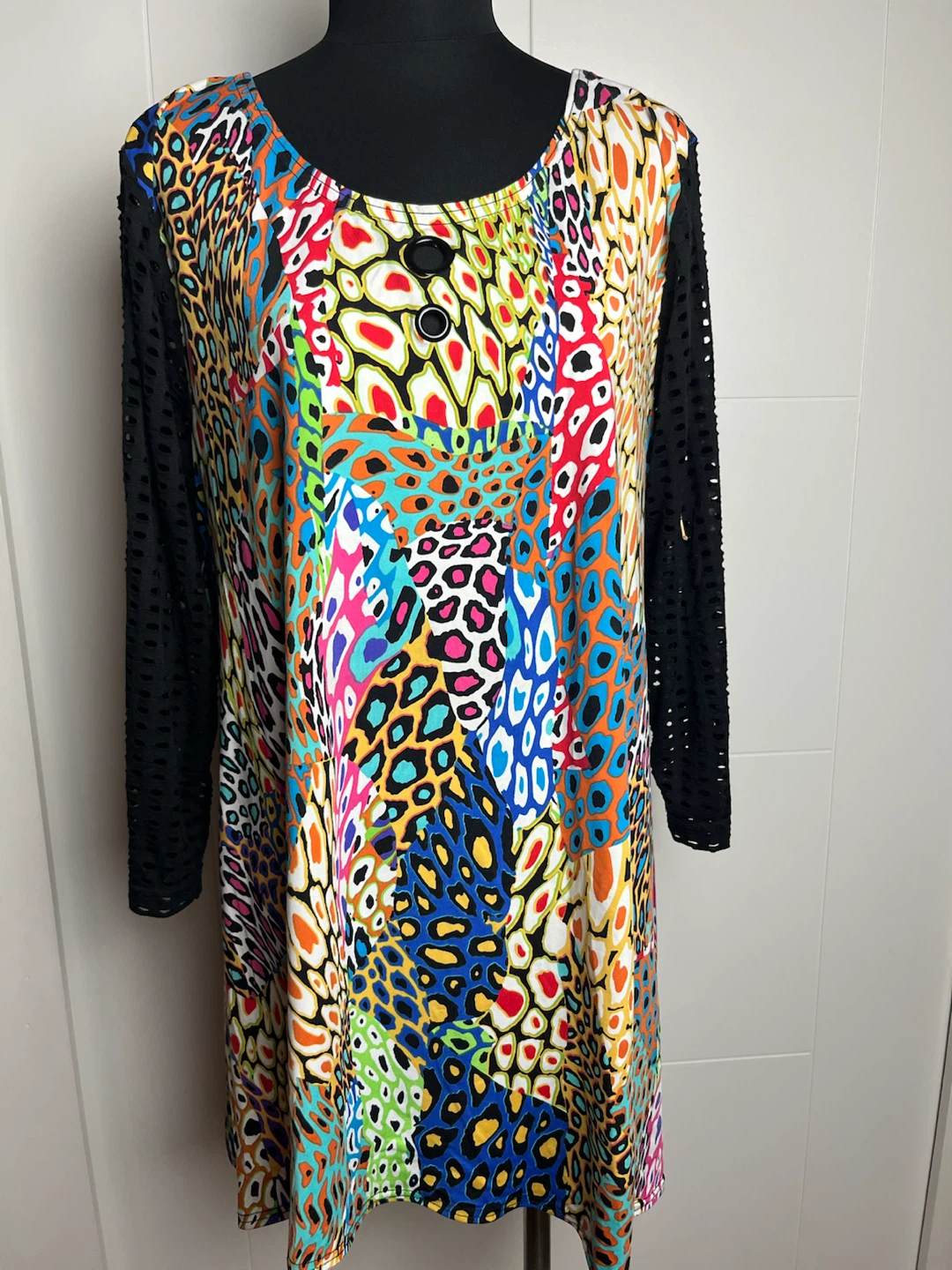 Colourful Tunic Top with Black Mesh Sleeves